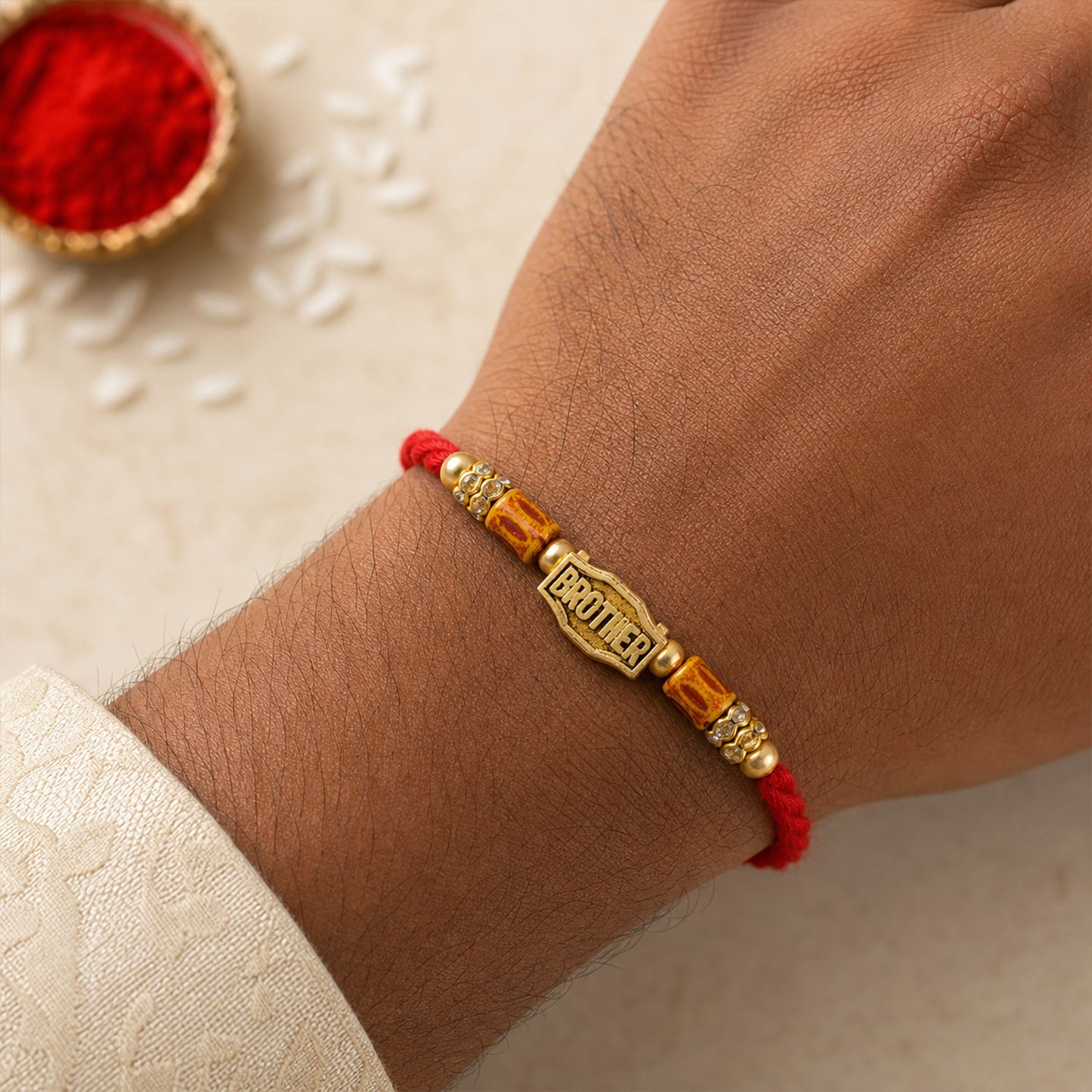 Red Thread Rakhi with Wooden Beads and a Personalised 'Brother' Charm