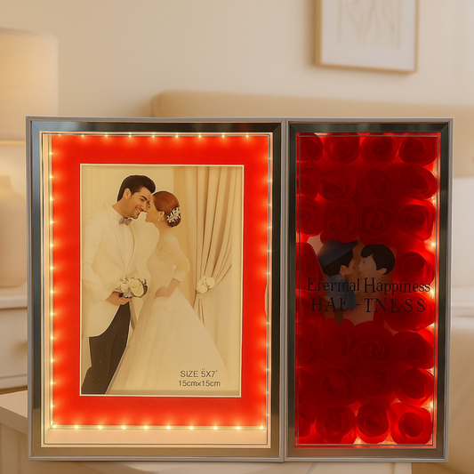 Romantic Dual-Panel LED Photo Frame with Rose Box | Warm Light 5x7 Inch Photo Frame for Couples, Anniversary, Wedding & Home Decor | Illuminated Foldable Love Frame with Artificial Roses – USB Powered Gift for Partner