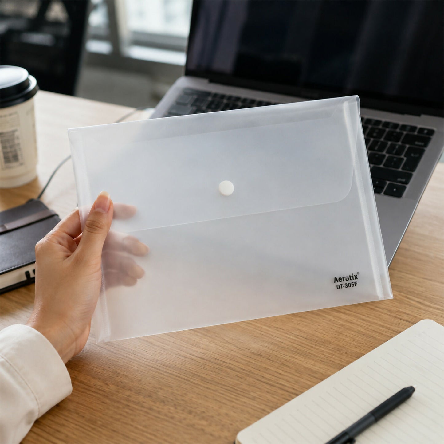 Open clear A4 document folder showing inside