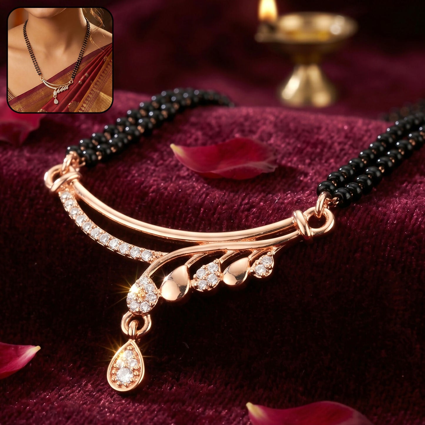 Close-up of the rose gold finish wave arc CZ pendant on mangalsutra chain