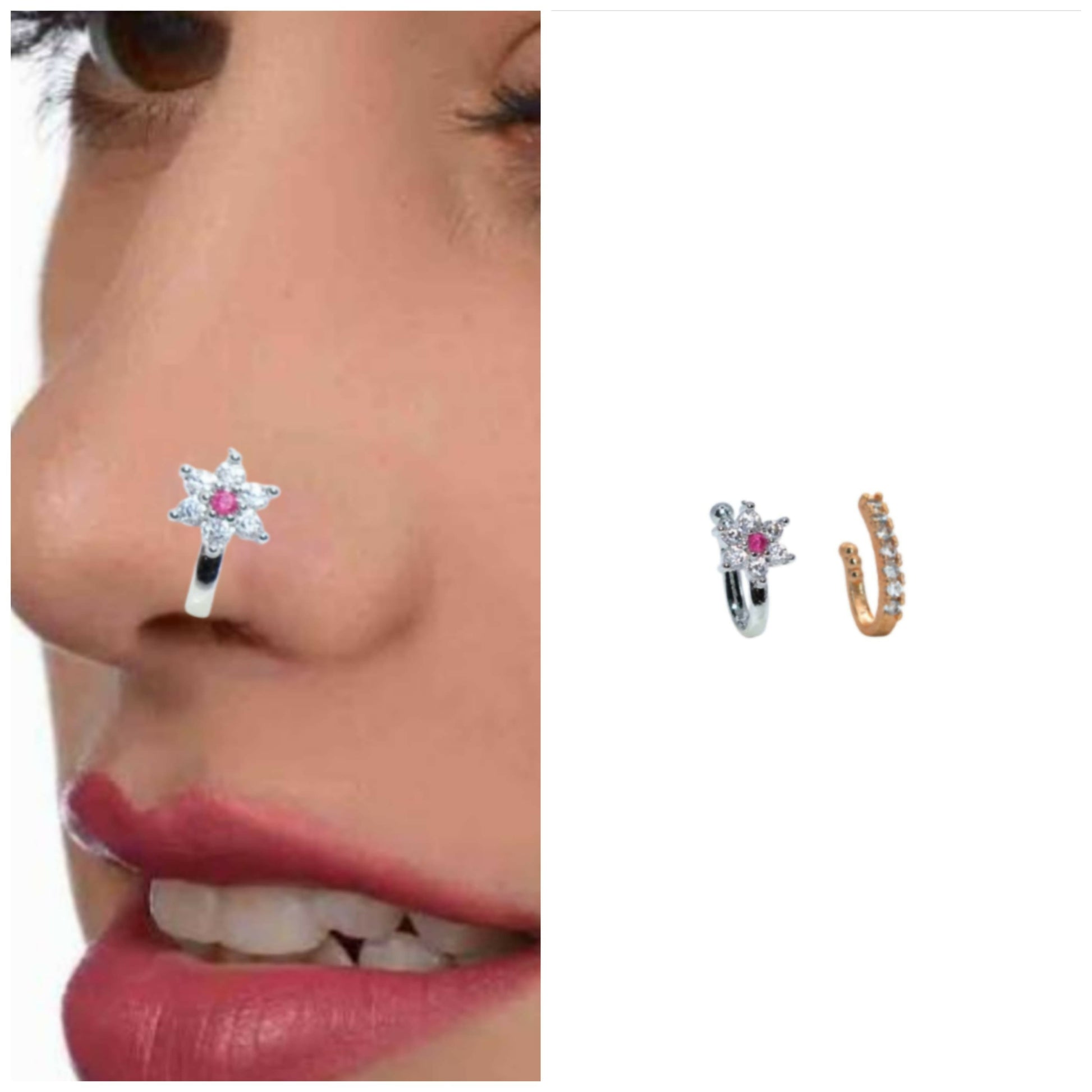 Non-Piercing Crystal Flower & CZ Gold/Silver Nose Clip Set Combo Pack of 2