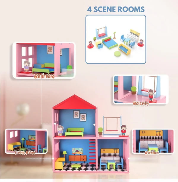 My Wooden Doll House Set for Girls with 4 Rooms (Multicolor)