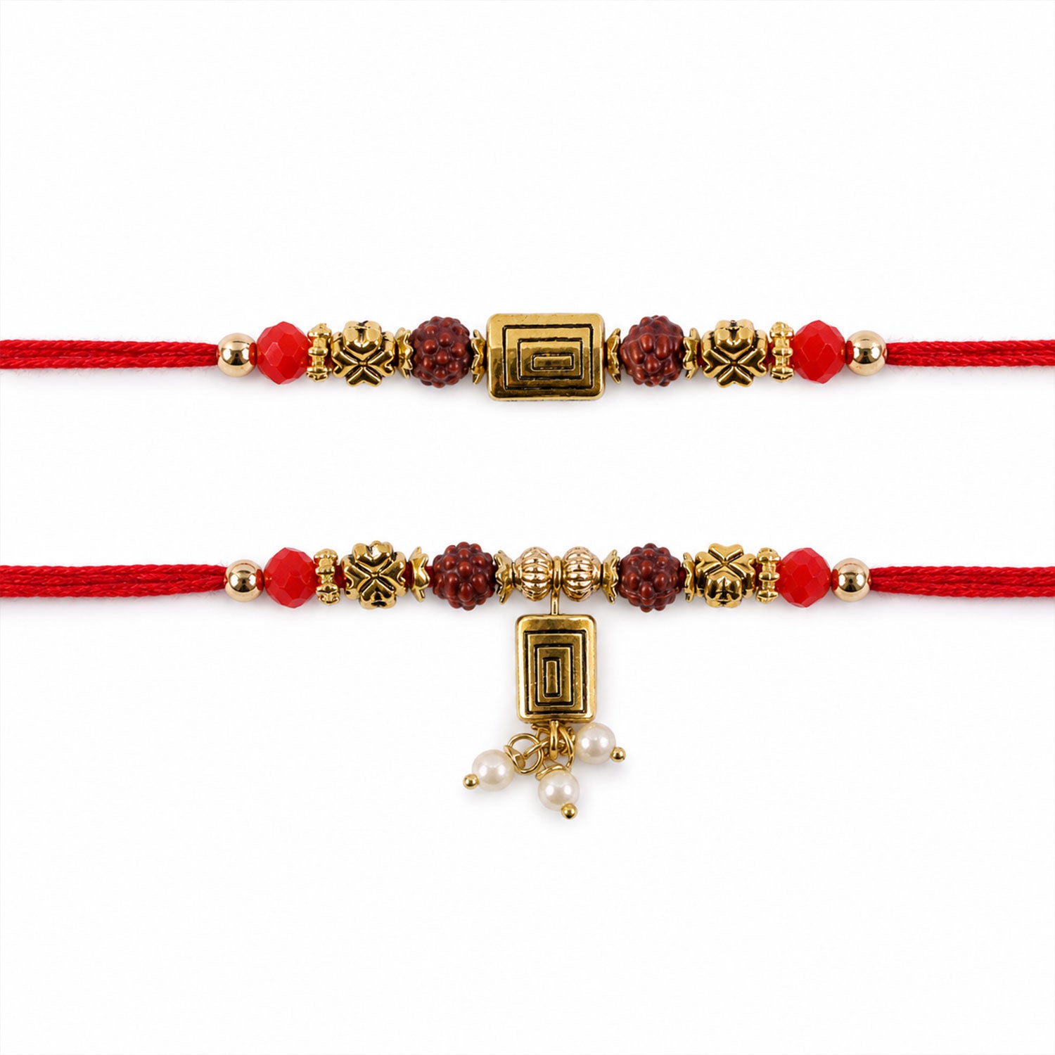 Rudraksha Geometric Rakhi Set with Pearl Lumba Charm for Festive Couple Gift Giving