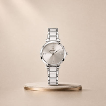 Silver Round Shape Dial Watch with White Metal Strap Design for Women