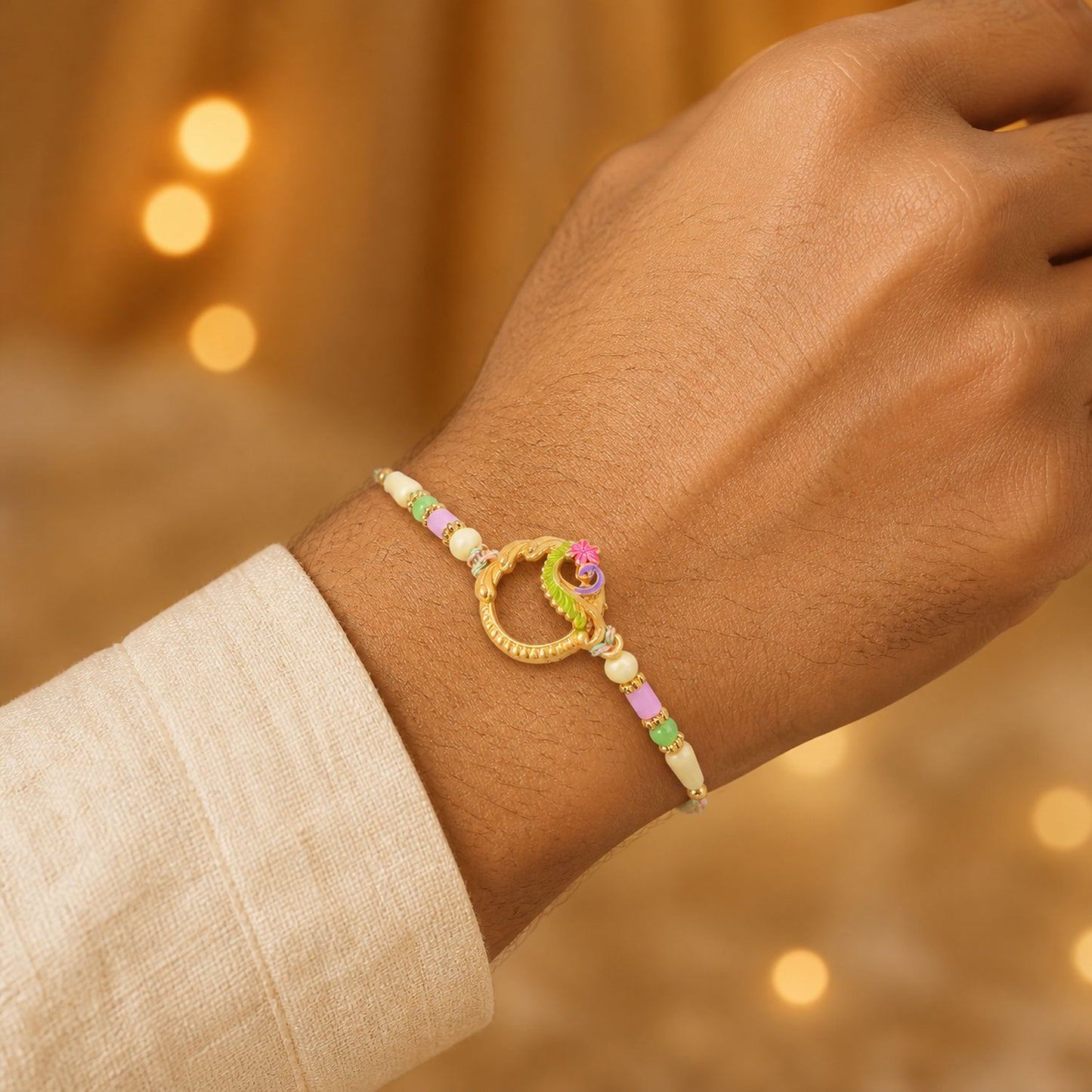Golden Circular Rakhi with Pink Green Beads and Refined Festive Brother Gift Appeal