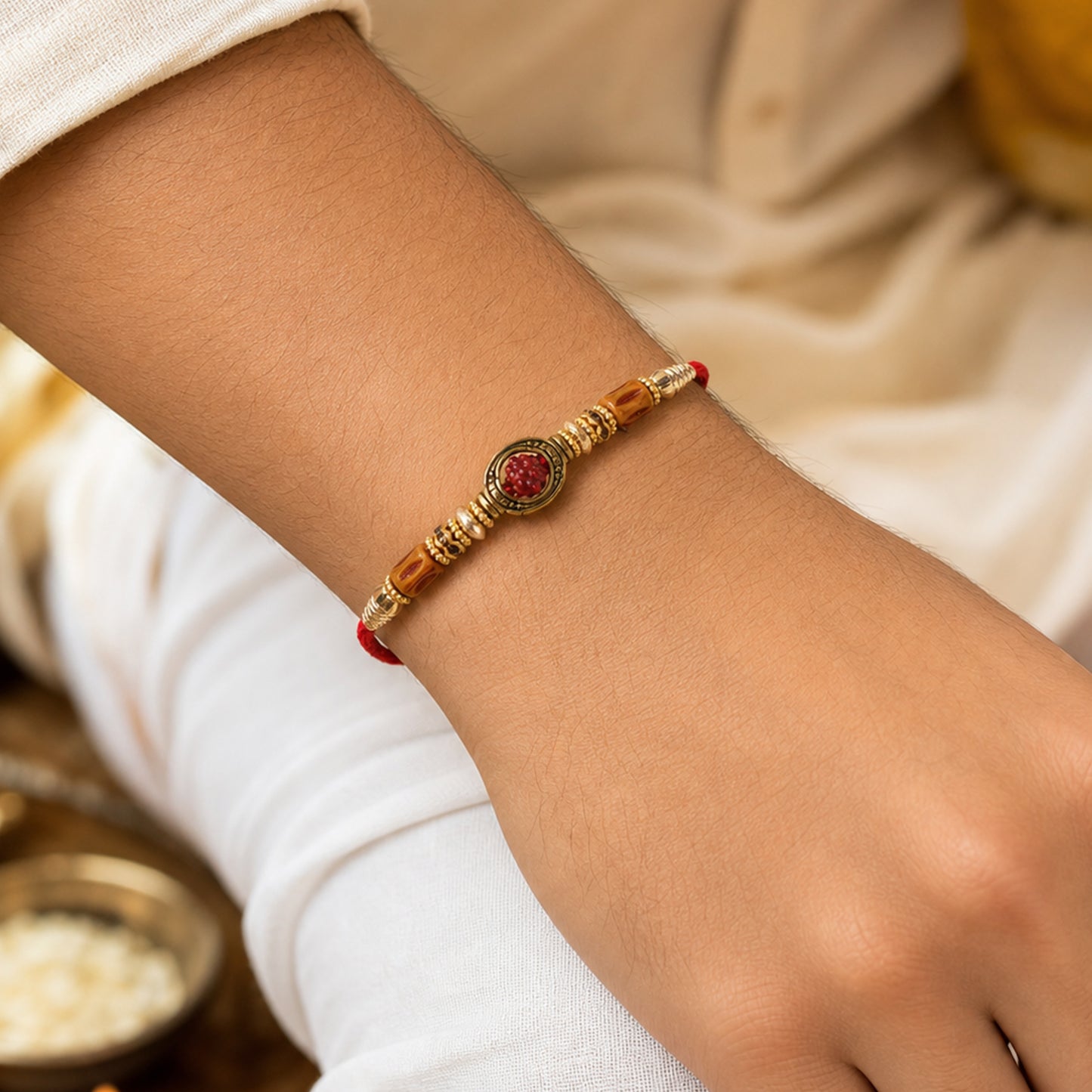 Red Thread Rakhi with Amber Beads and Antique Gold Oval Charm