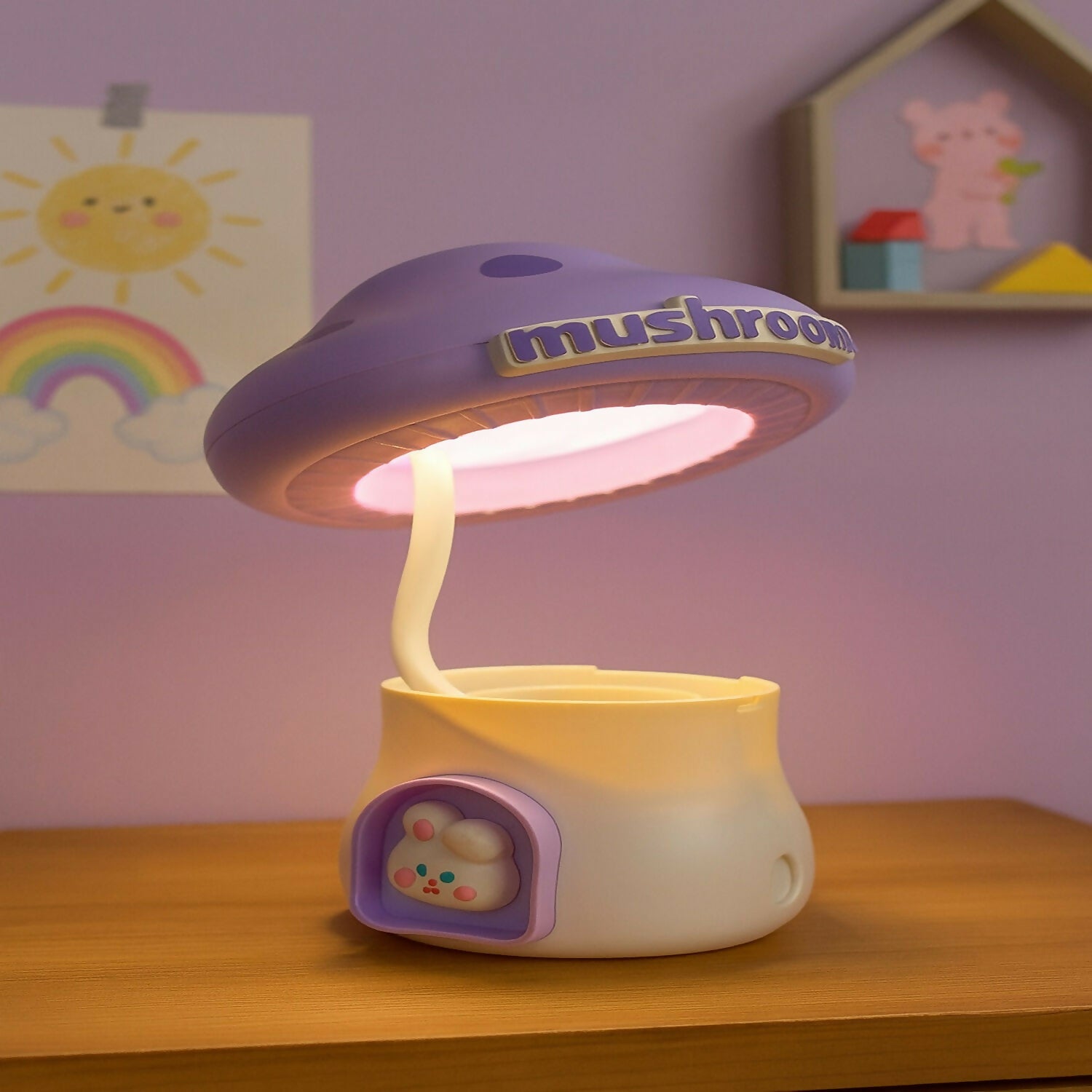 Purple Mushroom LED Study Lamp with Pencil Sharpener & USB Charging