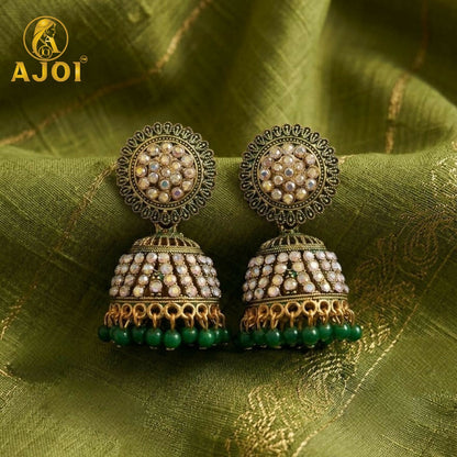Antique Gold Pearl Jhumka Earrings with Elegant Green Bead Drops