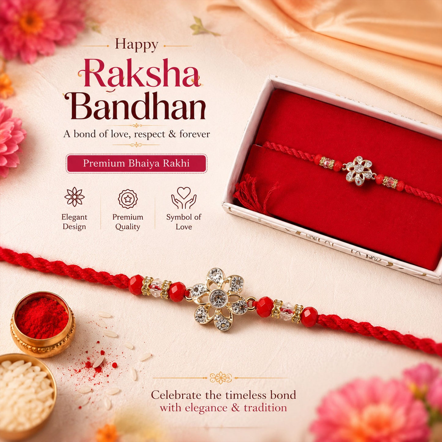 Sparkling American Diamond CZ Flower Designer Rakhi for Brother Gift Set