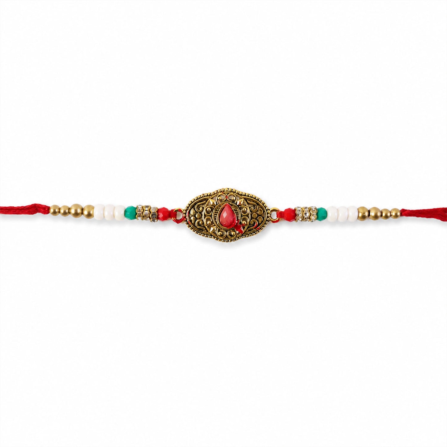 Antique Gold Teardrop Designer Rakhi with Red Stone, Roli Chawal Coin and Diya Gift Packing