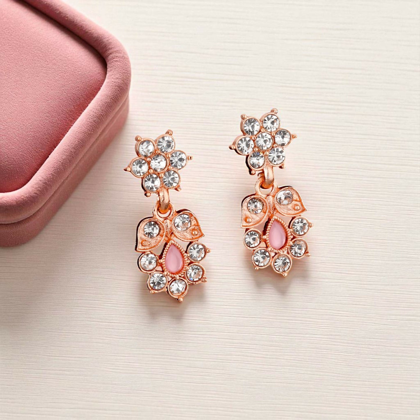 Rose Gold-Toned & Pink Petal Floral Jewellery Set