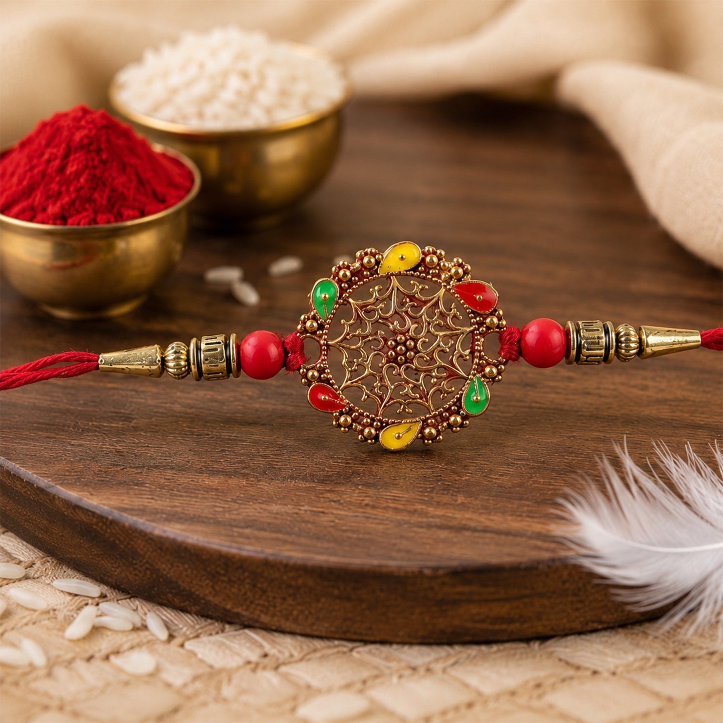 Circular Rakhi with Multicolor Accents, Elegant Raksha Bandhan Gift (5pcs)