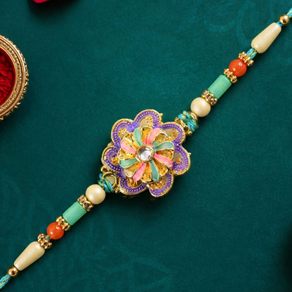 Floral Bloom Rakhi with Cream Thread, Pastel Beads and Soft Enamel Petals for Gifting
