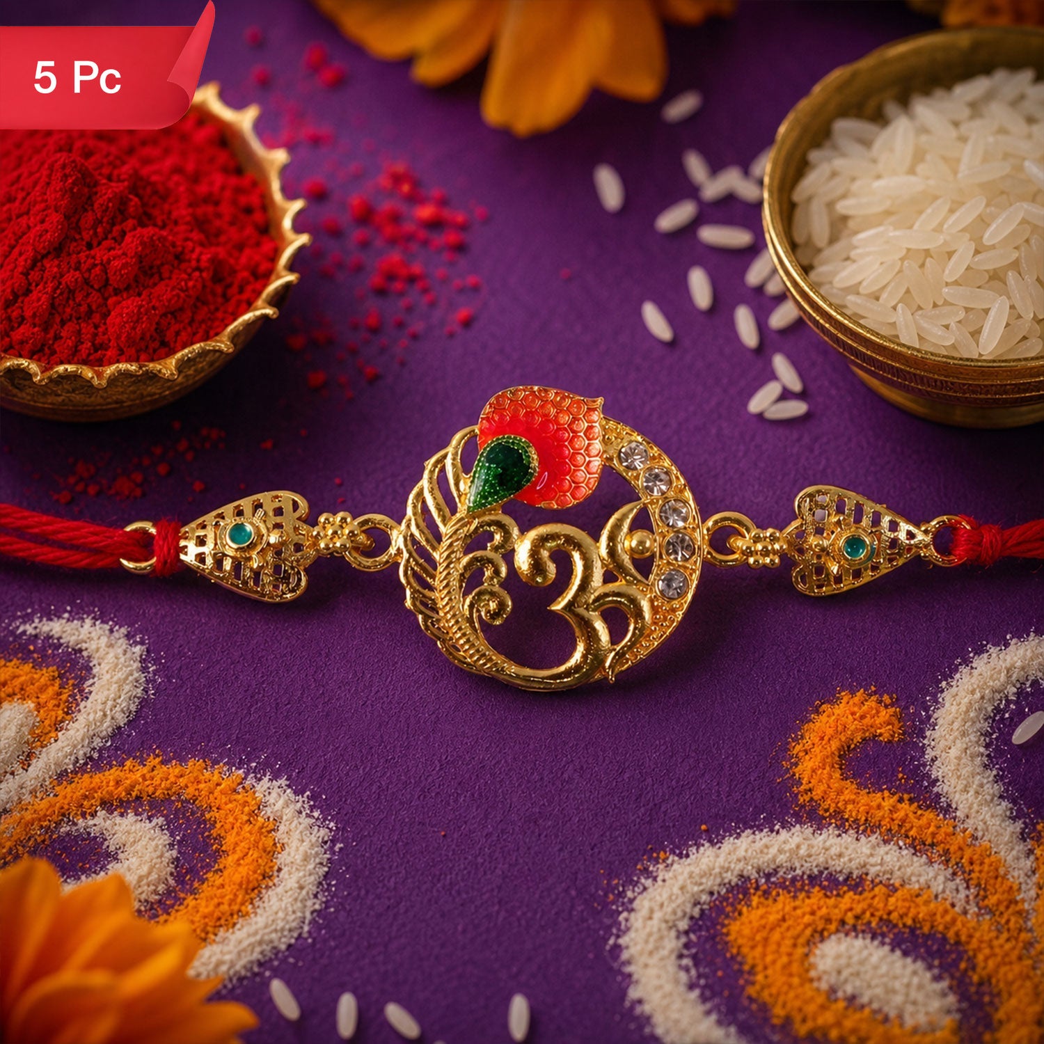 Om Peacock Designer Rakhi with Kundan Beaded Detail (5pcs)