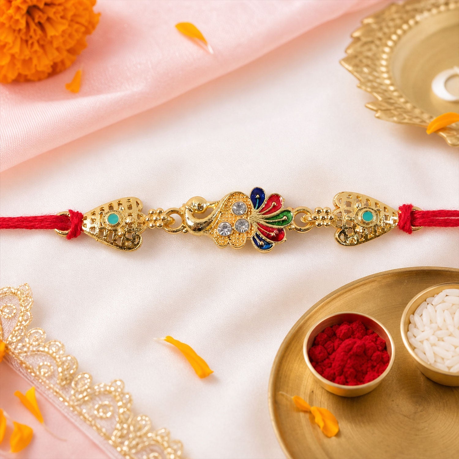 Gold-Toned Peacock Rakhi with Colorful Enamel and Stones for Raksha Bandhan (5pcs)