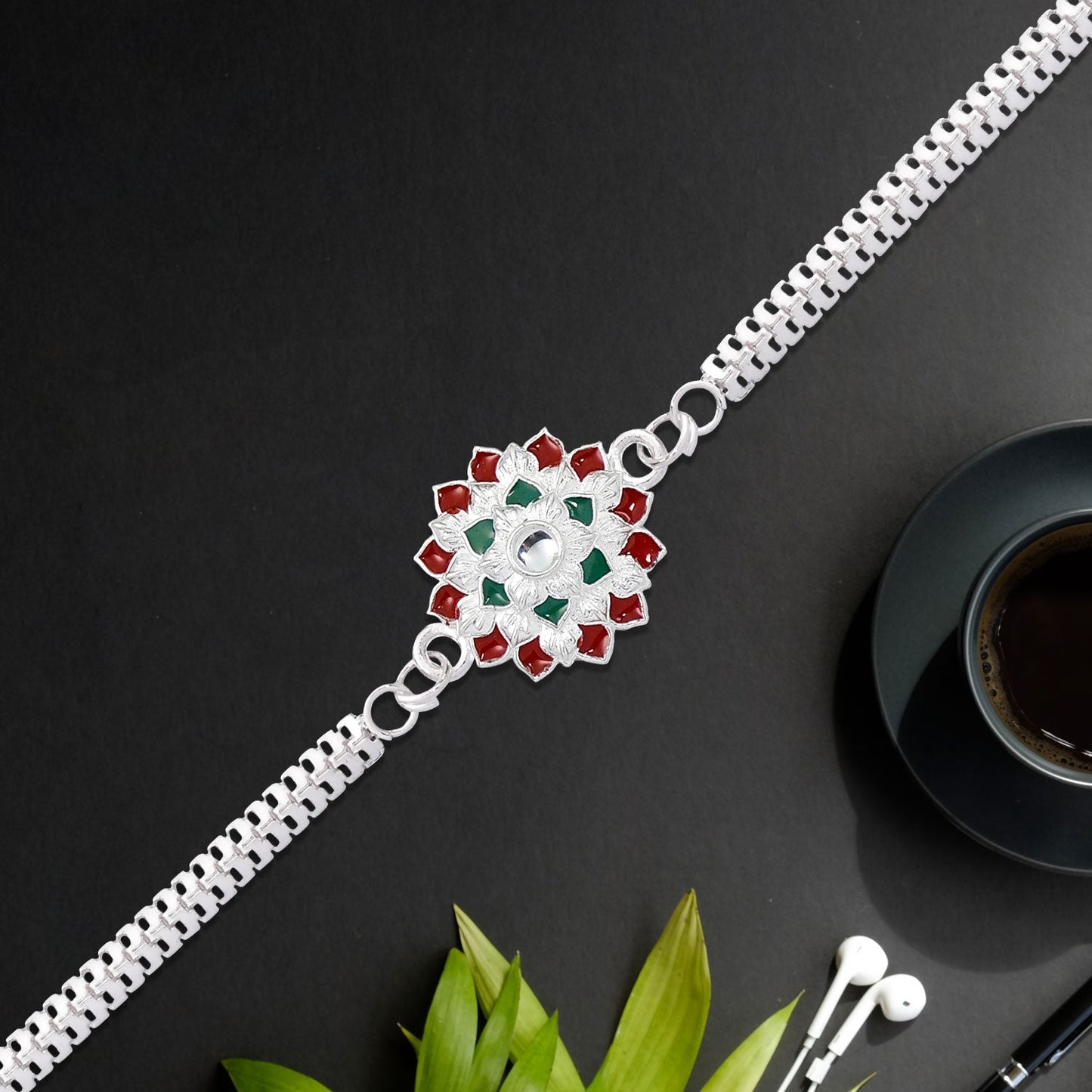 Designer Floral Rakhi Silver Toned Stone Rakhi for Brother (10pcs)