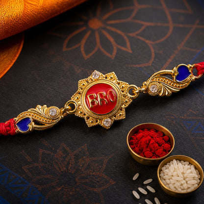 Designer Rakhi with BRO Text Plaque, clean frame and display look for Gift Styling