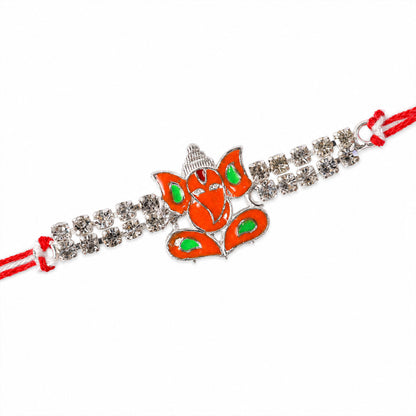 Silver-Toned Lord Ganesha Rakhi with Orange-Green Enamel, Double Crystal Chain & Red Thread