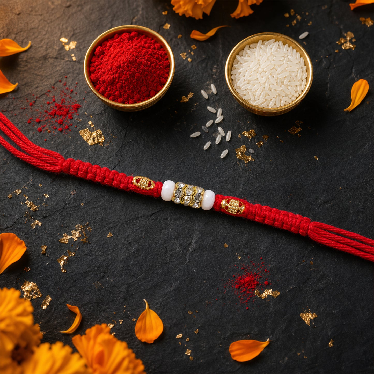 Red Braided Rakhi with White Beads and Antique Gold Accent Charms