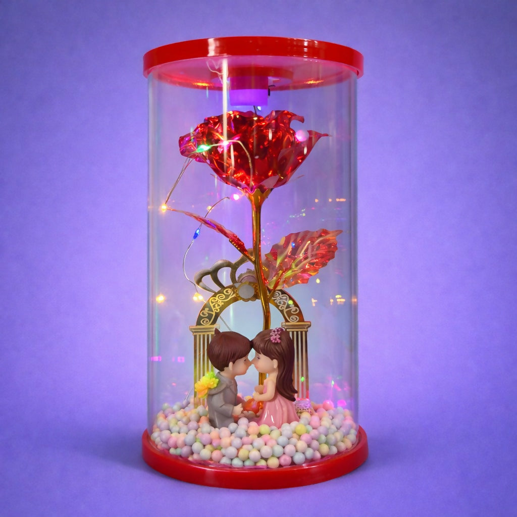 LED Rose Dome with Couple Figurine Romantic Decorative Showpiece