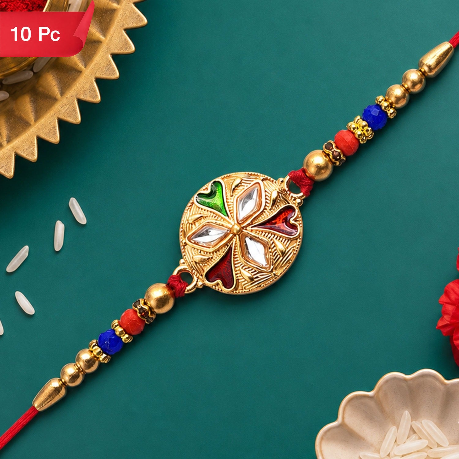 Floral Rakhi with Mirror Work Colorful Beads on Red Thread (10pcs)
