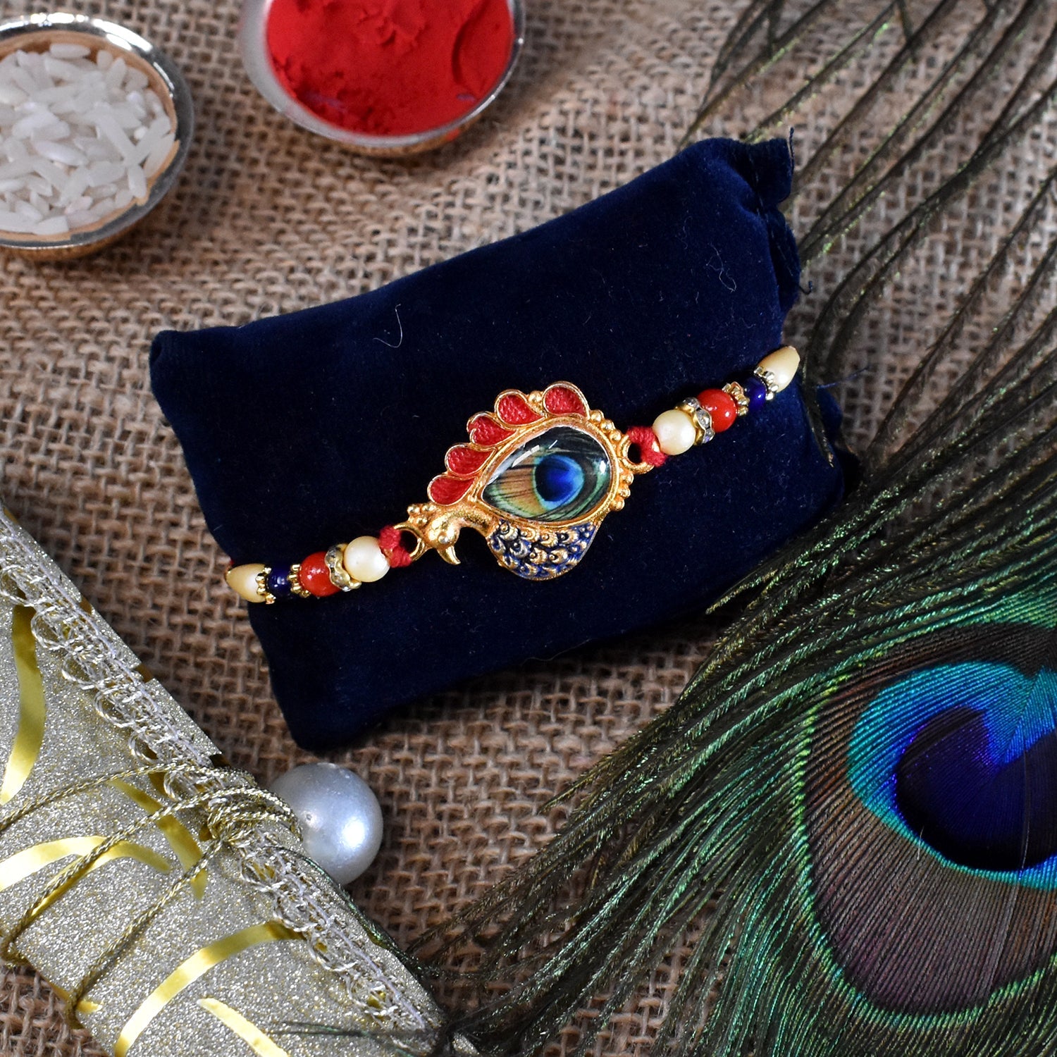 Peacock Feather Rakhi Golden Enamel Pearl Beads for Brother (5pcs)