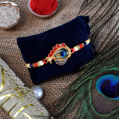 Peacock Feather Rakhi Golden Enamel Pearl Beads for Brother (5pcs)