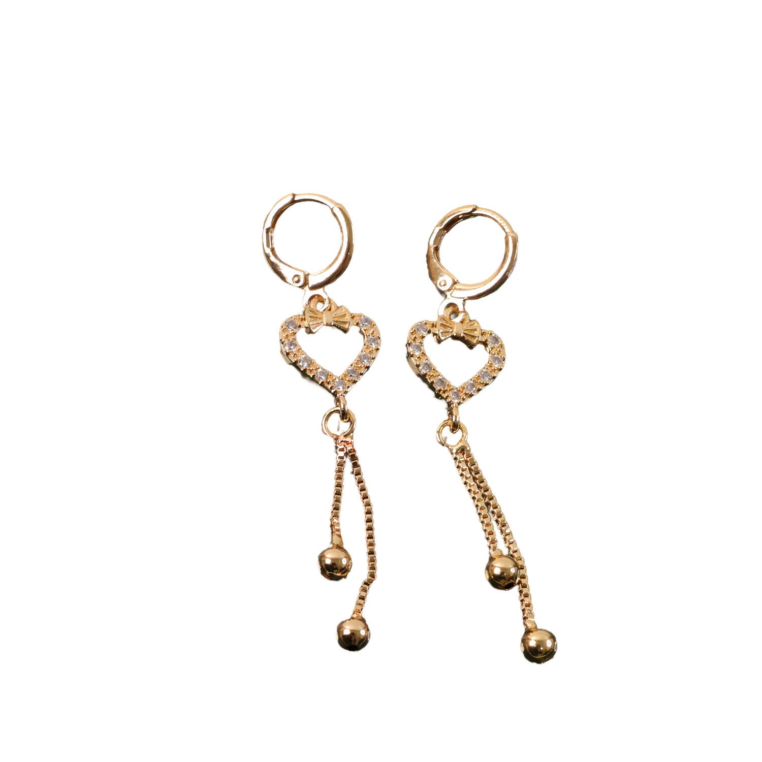 Side view of heart shape earrings with sparkling stone detailing
