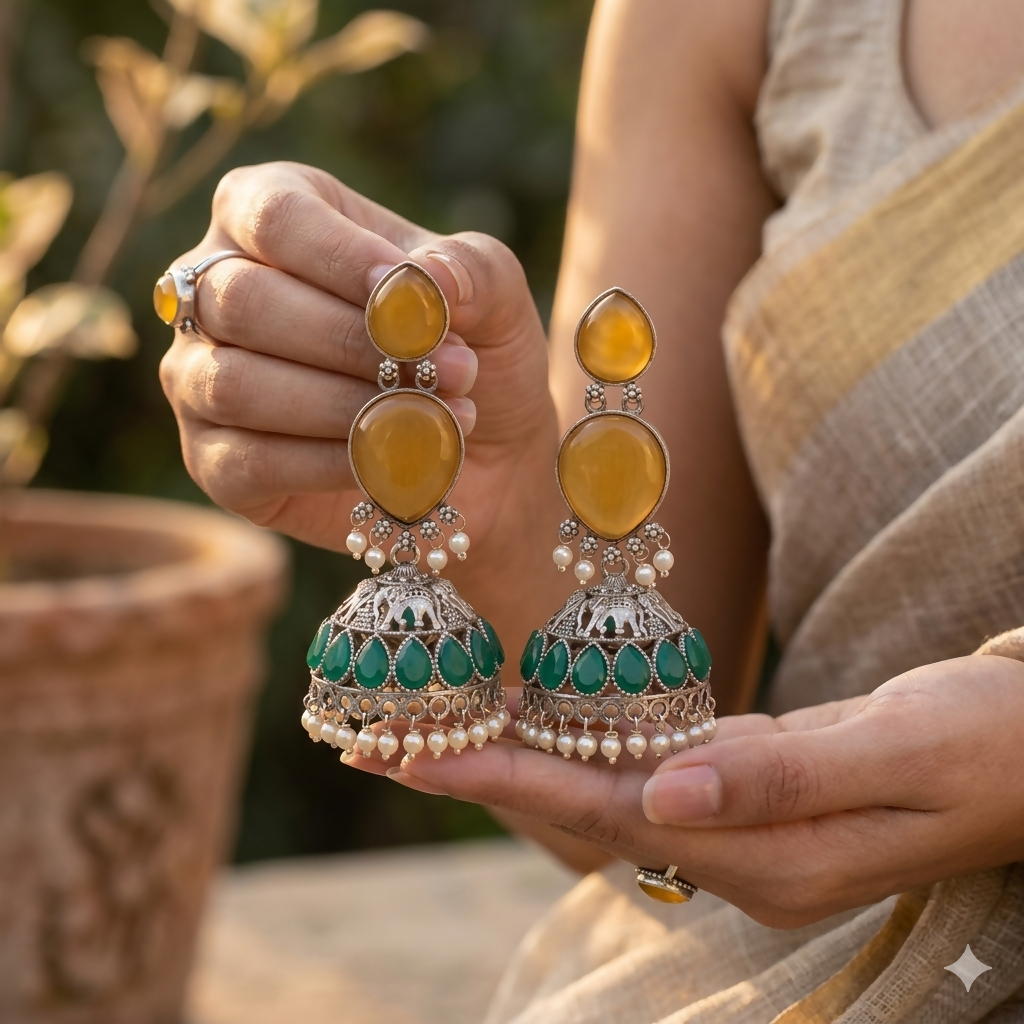 Oxidized silver jhumka earrings with yellow stone and pearl drops front view