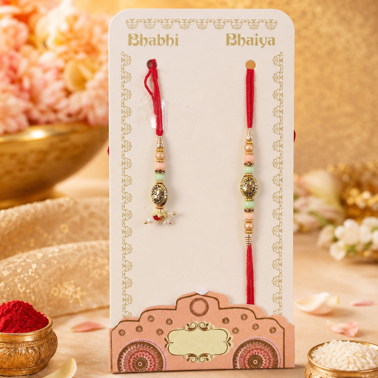 Divine Circular Medallion Bhai Bhabhi Rakhi with Oval Charm and Bead Accents for Gift