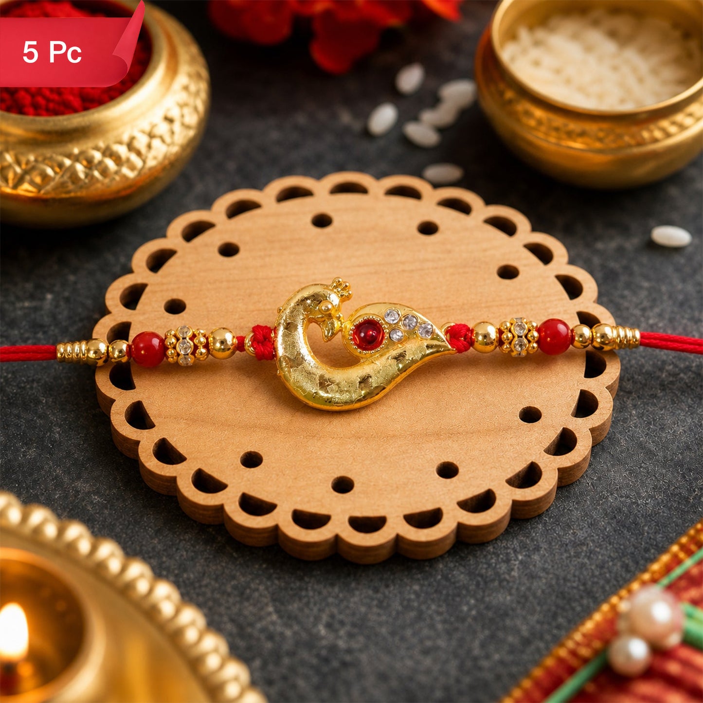 Peacock Feather Rakhi, Golden & Kundan Detailed Red Thread (5pcs)