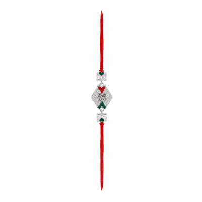 Silver Diamond Rakhi with Red Green Stones and Elephant Charms
