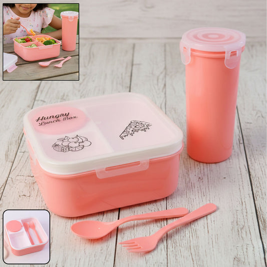 Hungry Lunch Box Combo Set – Unbreakable Plastic Lunch Box with Spoon, Fork & Extra Container for Kids