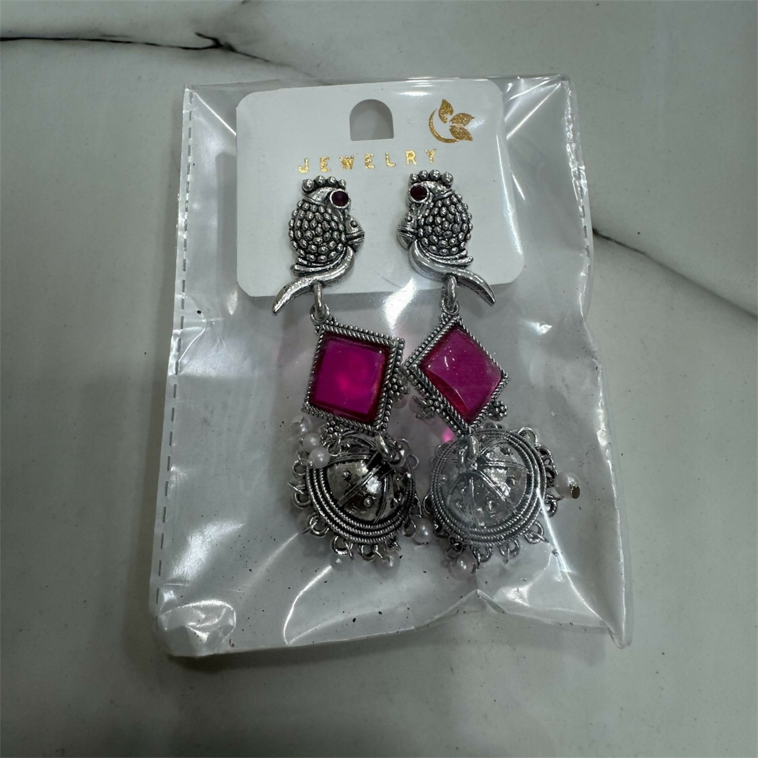 Oxidised Silver Pink Stone Parrot Design Jhumka Earrings for Women & Girls