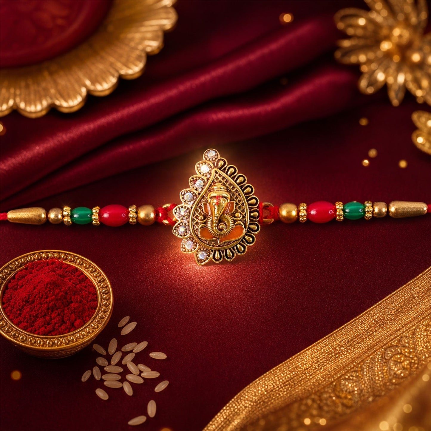 Antique Golden Ganesha Rakhi with Red & Green Beads and Crystals (10pcs)