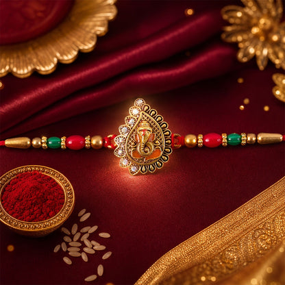 Antique Golden Ganesha Rakhi with Red & Green Beads and Crystals (10pcs)