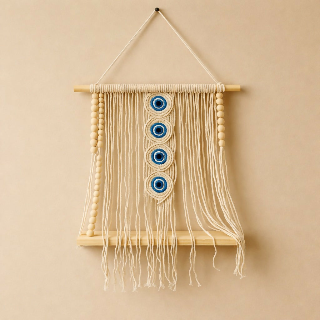 Macrame Wall Hanging Shelf with Evil Eye Decor for Home