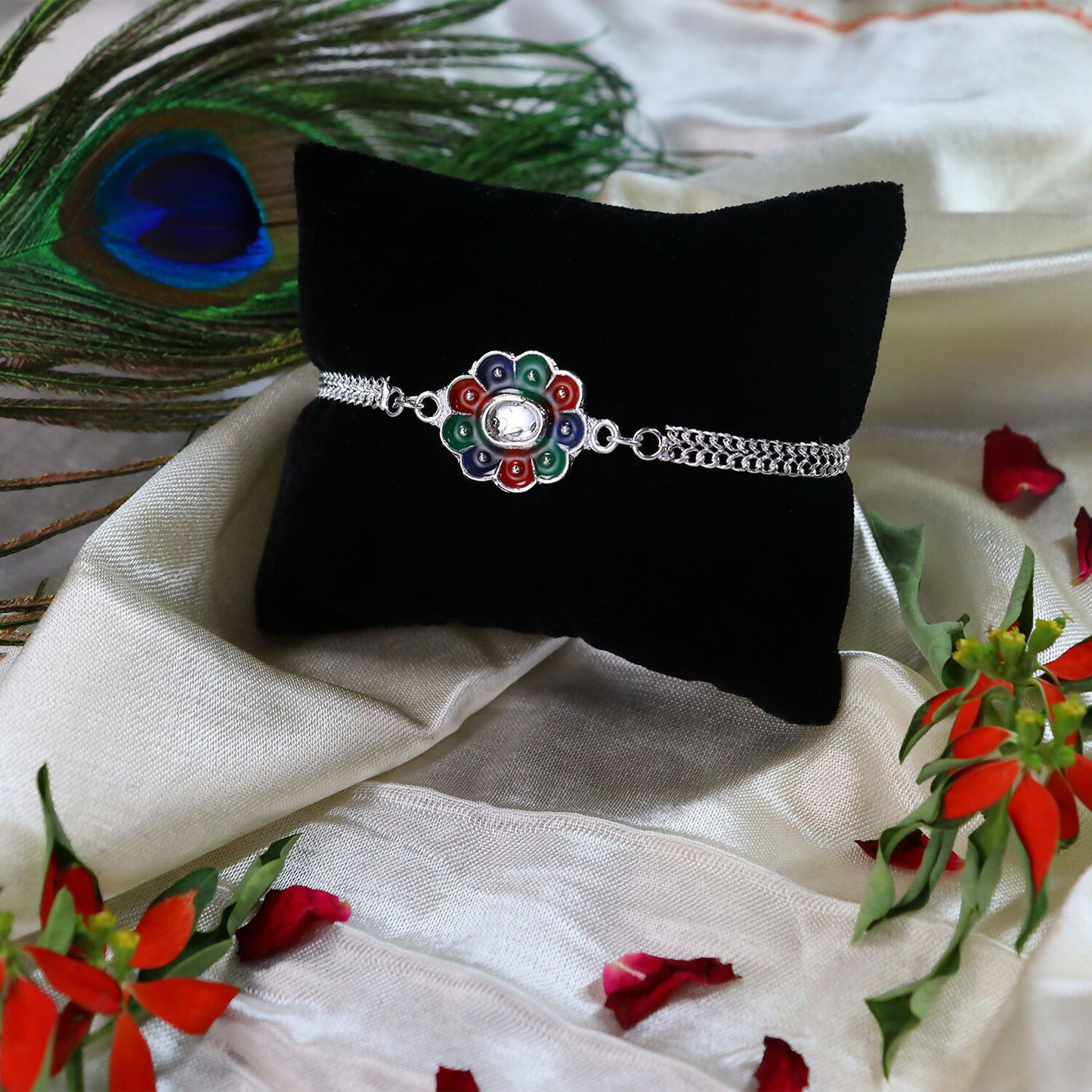 Colorful Petal Design Rakhi on Silver Chain Front View