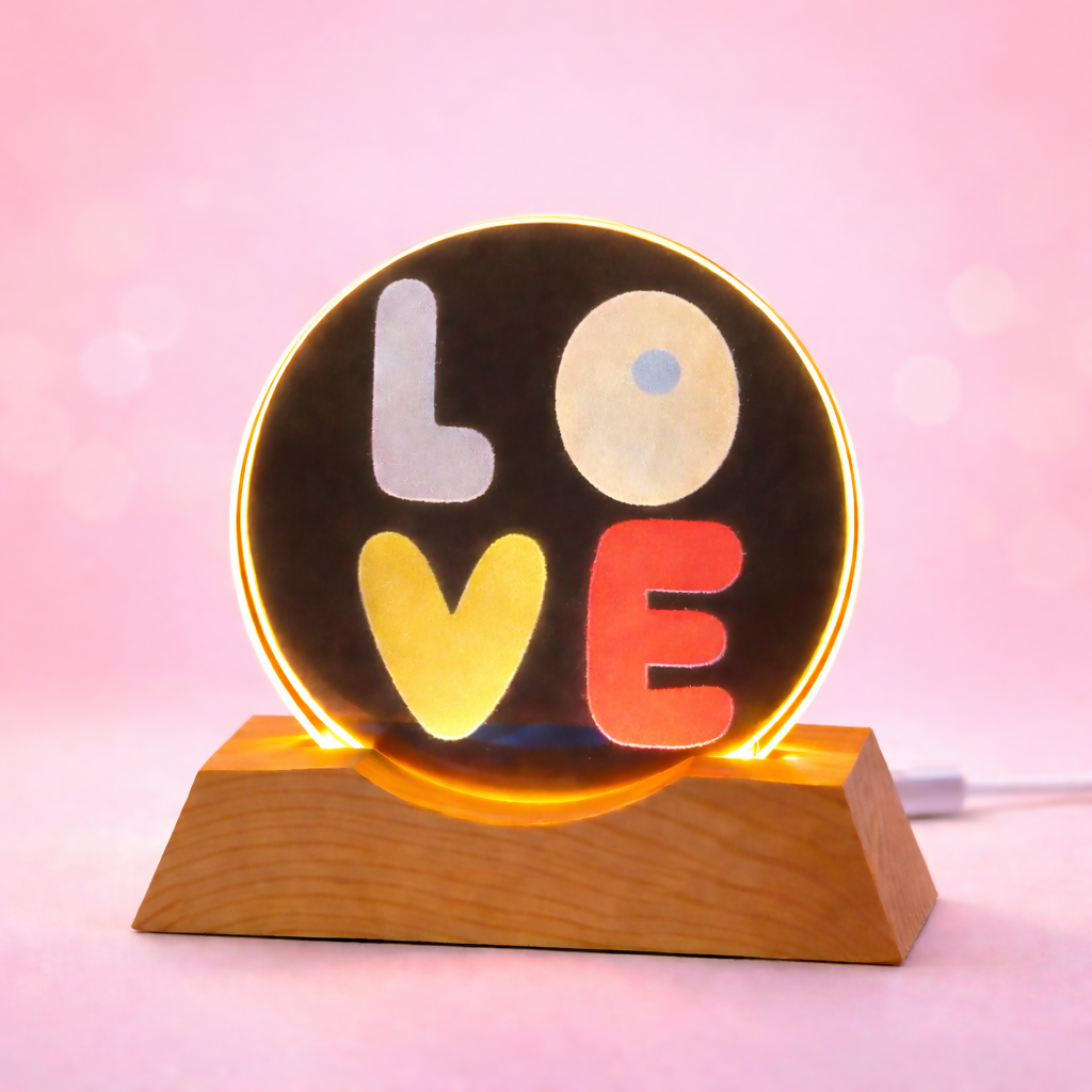 LOVE Acrylic LED Lamp with Wooden Base | USB Powered Decorative Night Light