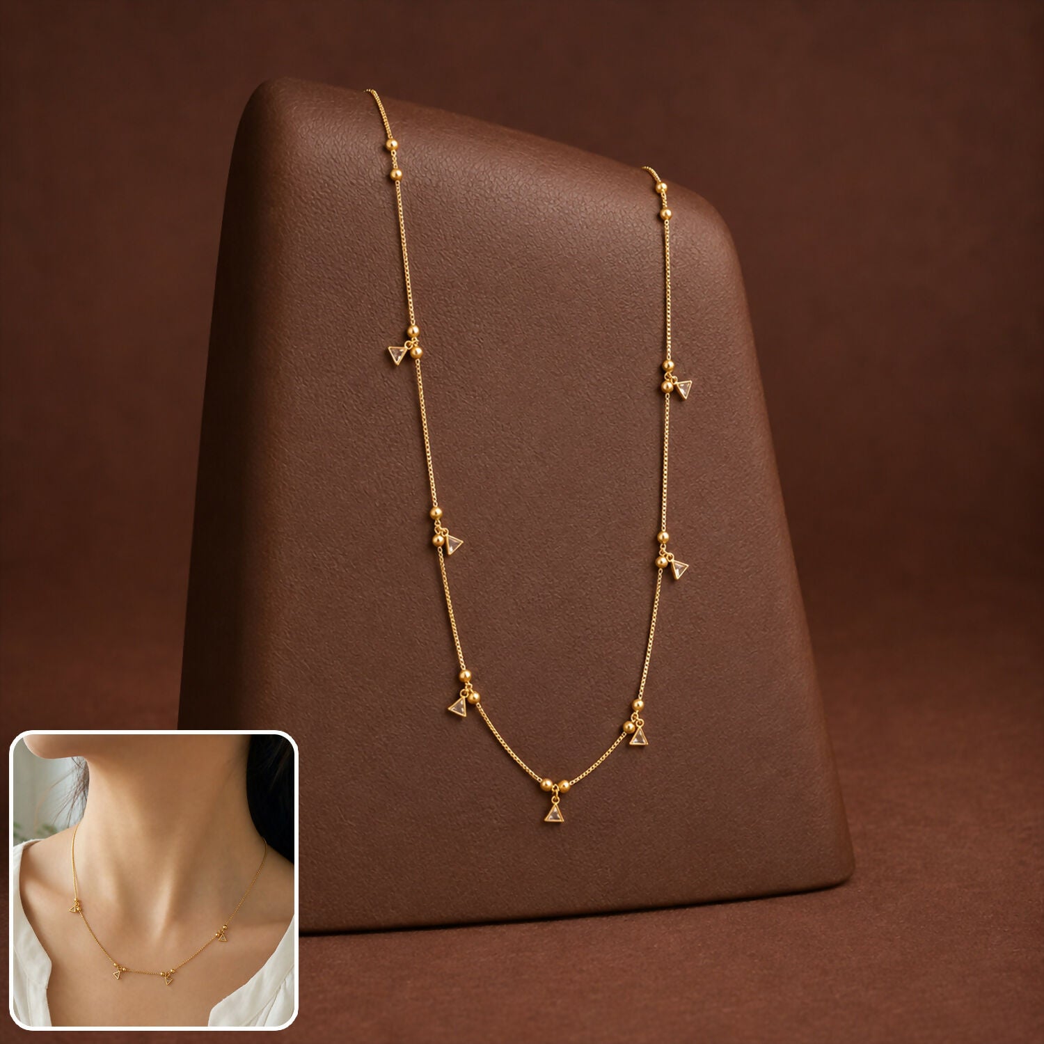 Gold-Plated Triangle CZ Necklace – Dainty Bead Chain for Women