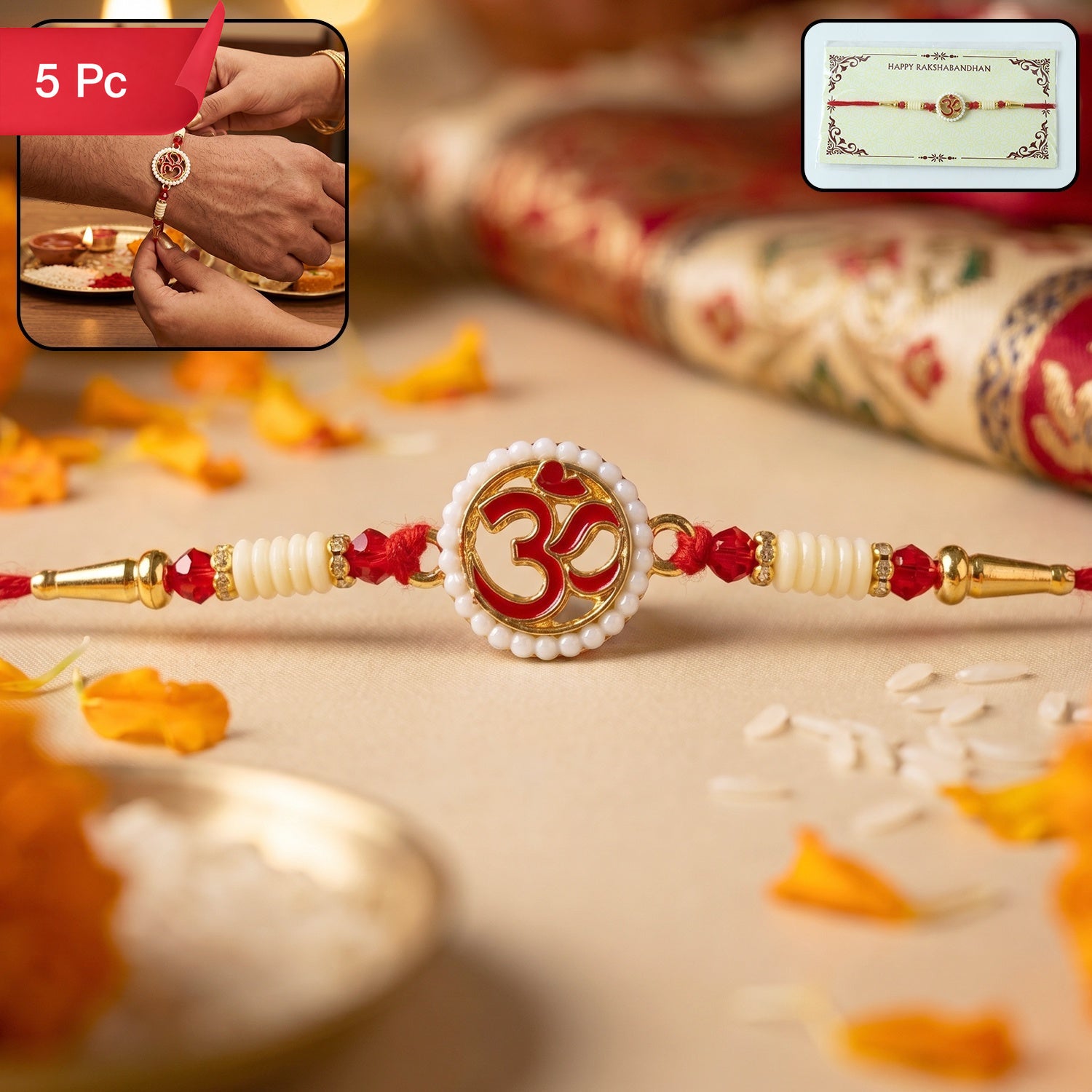 OM Symbol Pearl Frame Rakhi Elegant Traditional Design for Raksha Bandhan (5pcs)