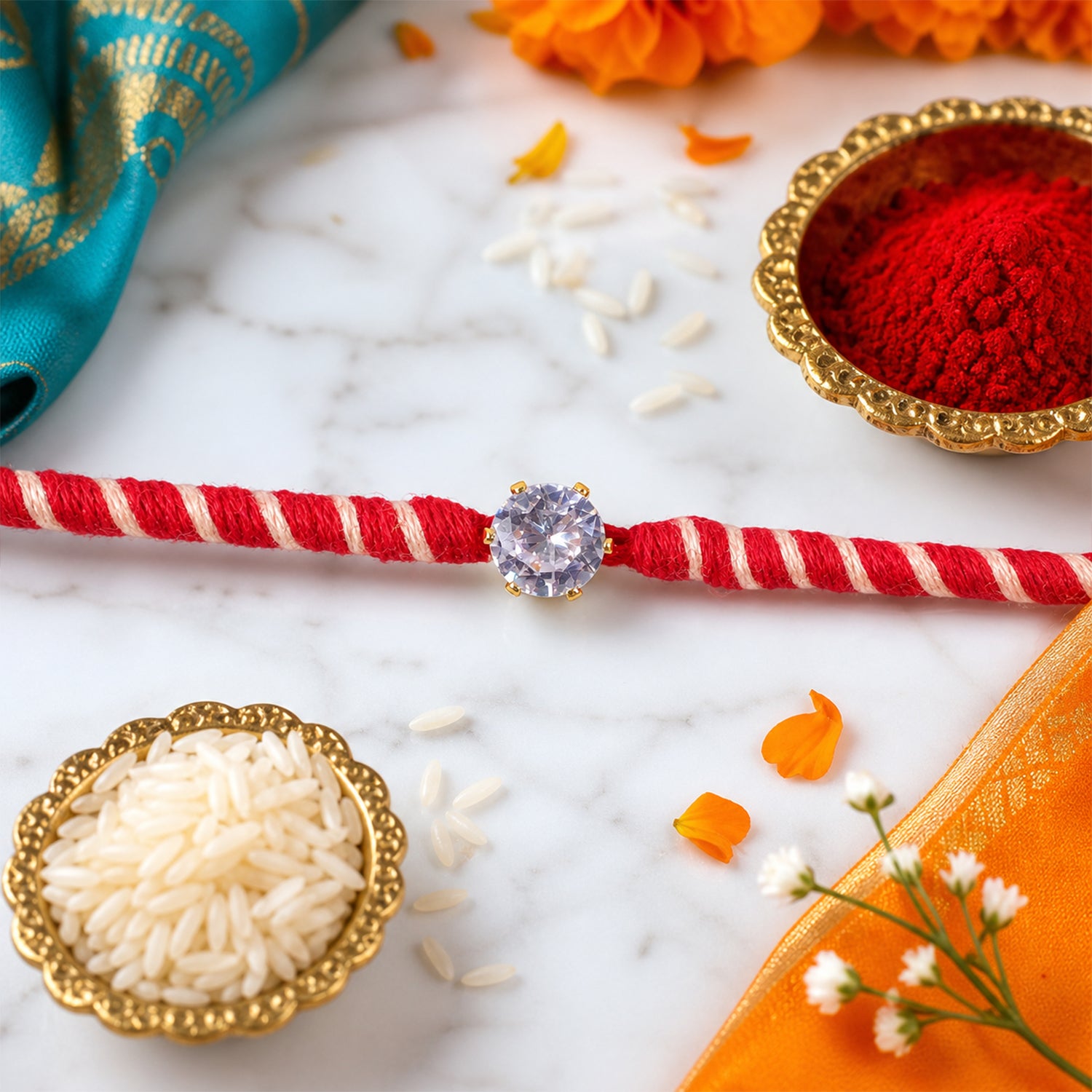 Red-White Twisted Cord Rakhi with Sparkling Round Crystal Pendant