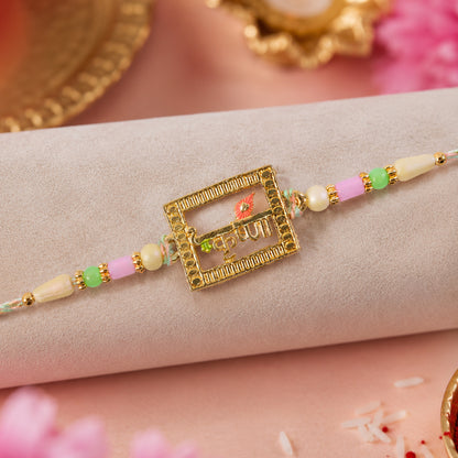 Krishna Script Pendant Rakhi with Red Flower Accent