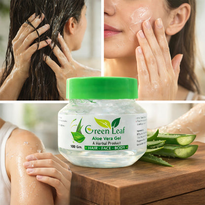 Green Leaf Aloe Vera Gel alongside fresh aloe vera plant