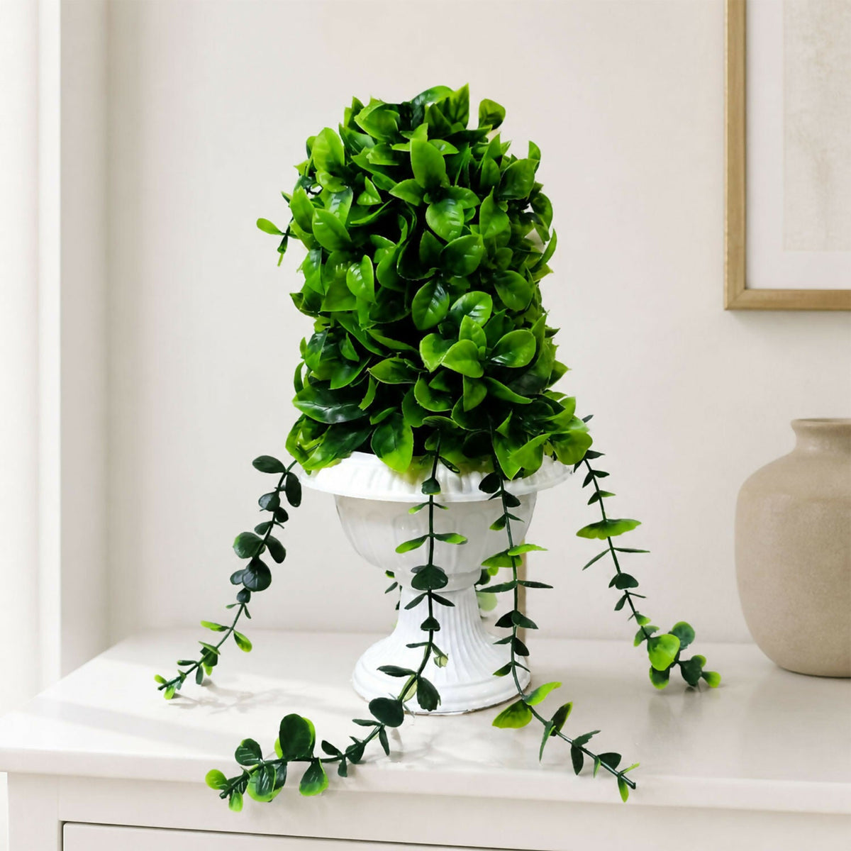 Artificial Hanging Green Leaf Plant Decorative White Pot Home Office Table Centerpiece
