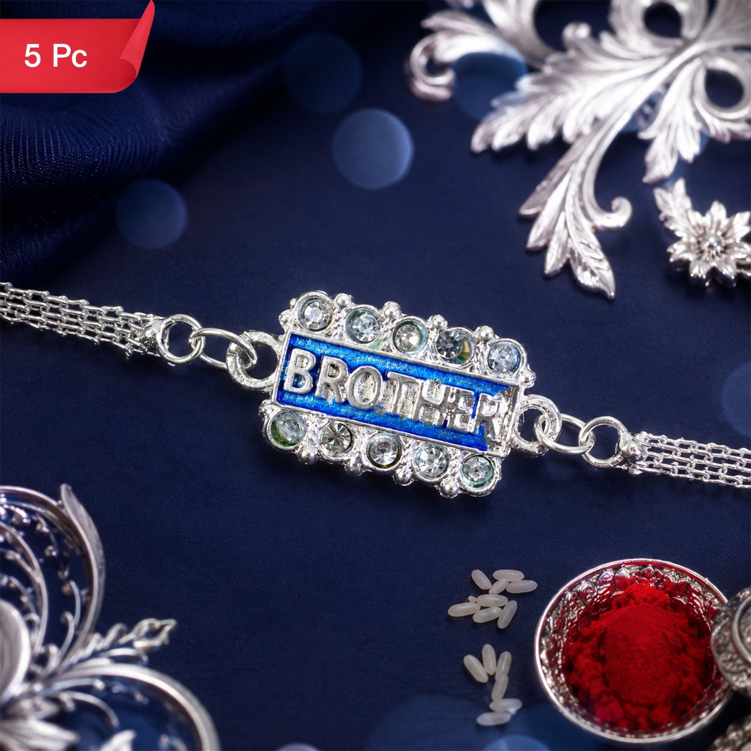 Brother Nameplate Chain Style Stone Studded Designer Rakhi (5pcs)