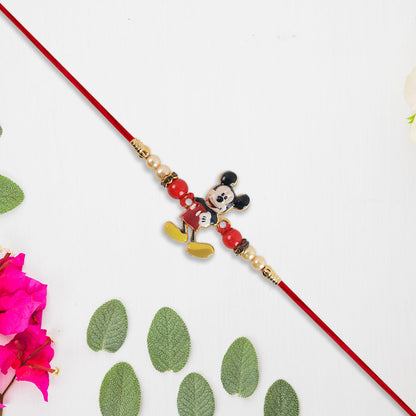 Mickey Mouse Kids Rakhi Pearls Golden Beads Red Thread (5pcs)