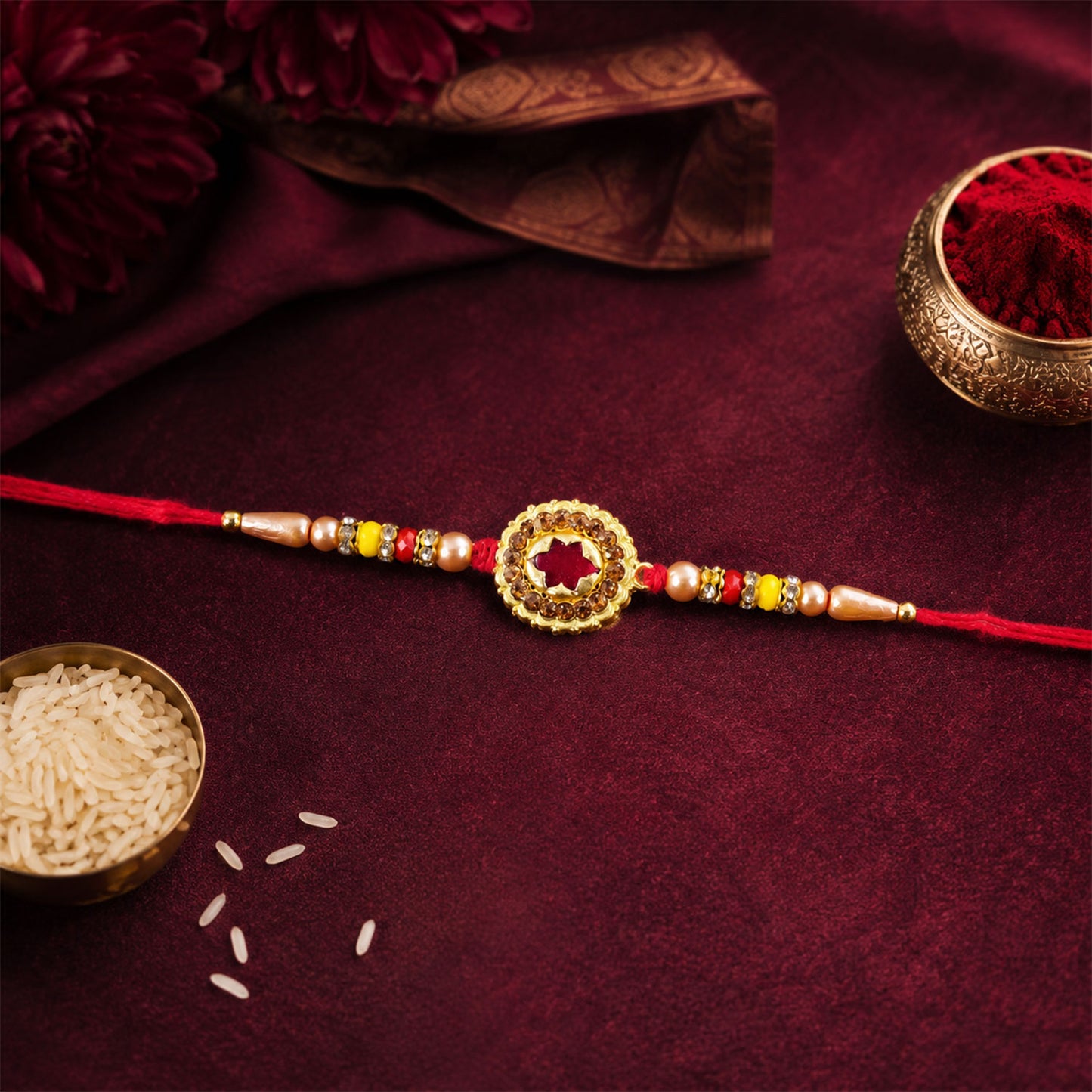 Antique Gold Maroon Star Floral Rakhi for Brother with Pearls & Beads