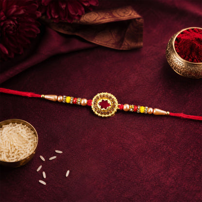 Antique Gold Maroon Star Floral Rakhi for Brother with Pearls & Beads