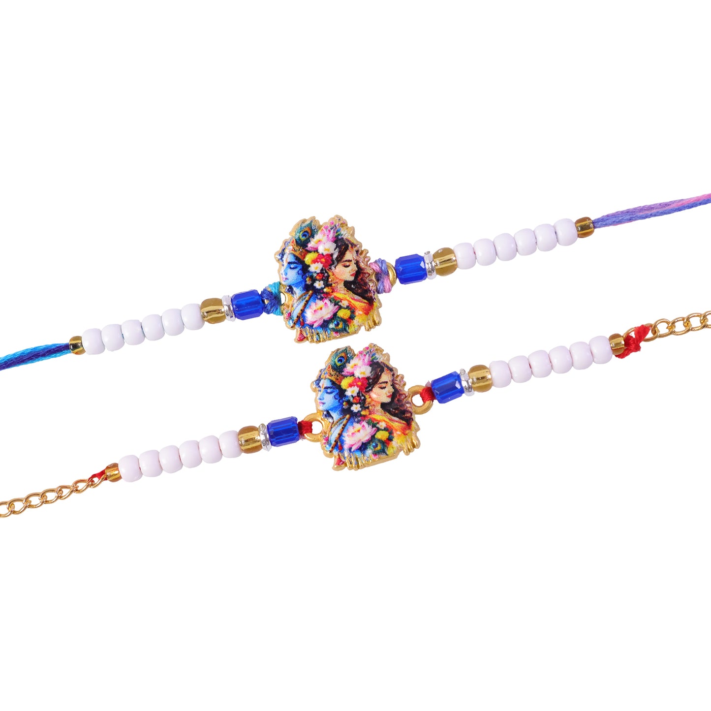 Radha Krishna Floral Art Printed Pearl Beads Bhai Bhabhi Rakhi Set